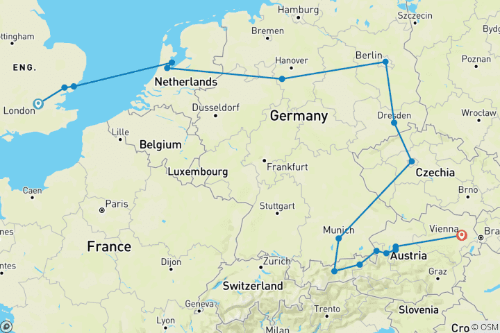Carte du circuit De Londres à Vienne (17 destinations)