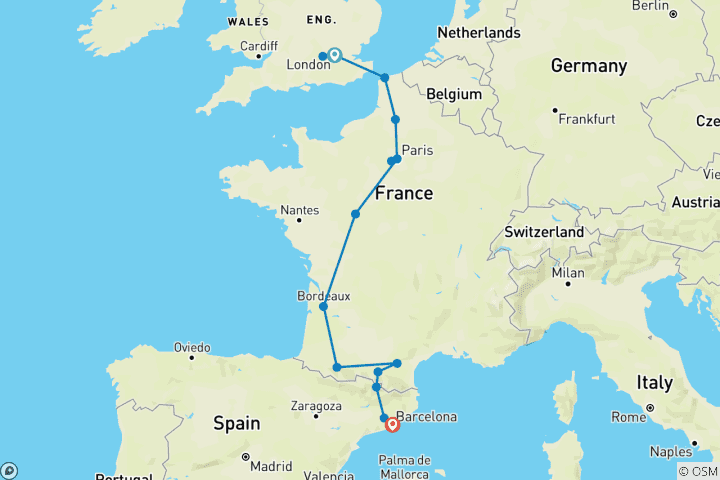 Carte du circuit De Londres à Barcelone (via Calais)