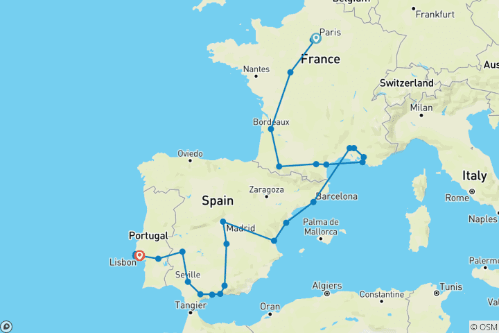 Kaart van Parijs, Lourdes, de Côte d’Azur, de Provence, Spanje en Lissabon (29 bestemmingen)