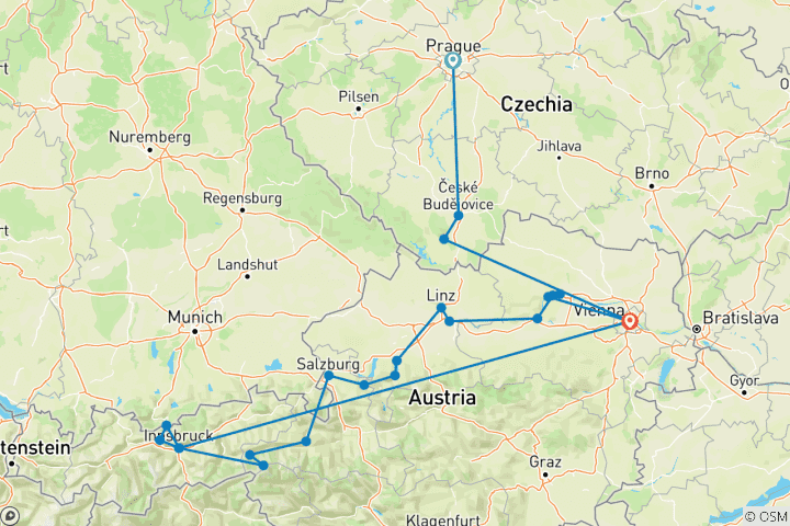 Carte du circuit Les incontournables de la Tchéquie et de l'Autriche, avec Vienne comme point d'arrivée (22 destinations)