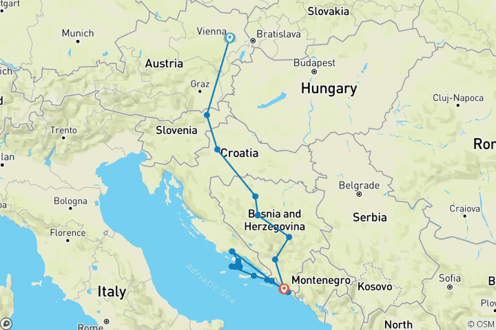 Carte du circuit Vienne et la Croatie, y compris les îles (21 destinations)