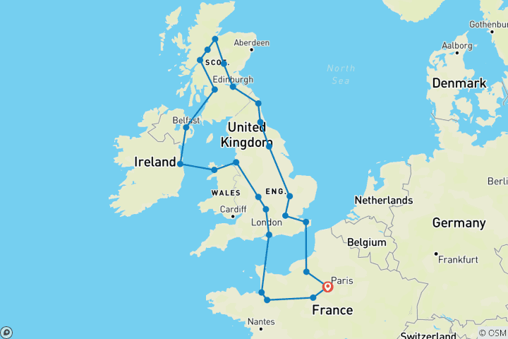 Karte von Vereinigtes Königreich und Bretagne mit Rouen (25 Destinationen)