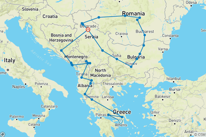 Karte von Entdecken Sie das Herz des Balkans in 28 Tagen; halbprivate Tour mit eigenem Reiseleiter und Fahrzeug