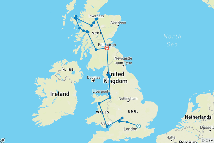 Mapa de Lo mejor de Inglaterra, Gales y Escocia (29 destinos)