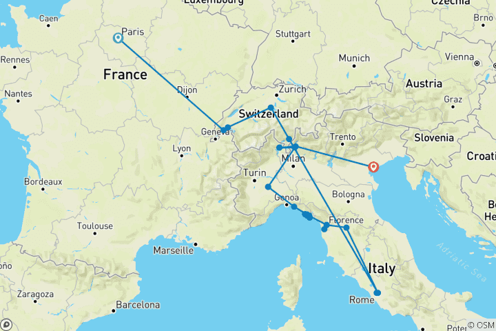 Carte du circuit La France, la Suisse et l'Italie en train (44 destinations)