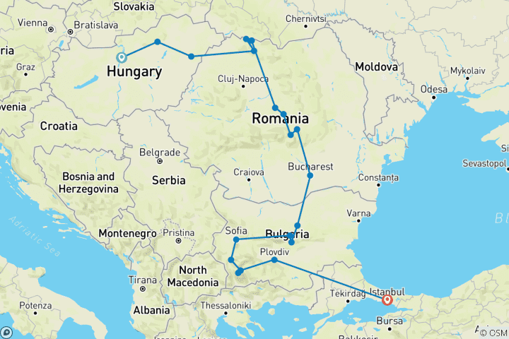 Mapa de Explora Europa del Este (de Budapest a Estambul)