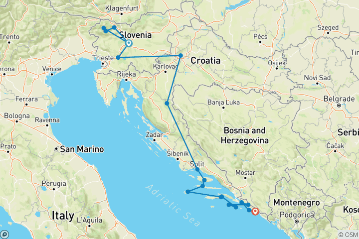 Carte du circuit Les incontournables de l'Adriatique avec une croisière de luxe