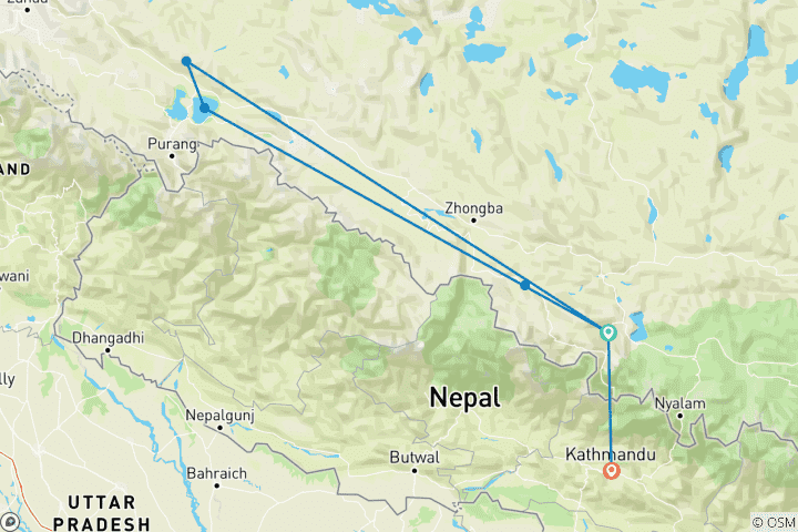 Map of 10 Days Kathmandu to Mount Kailash Overland Group Tour