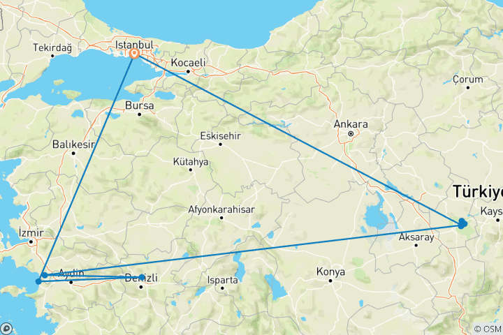 Carte du circuit D'Istanbul à la côte : une aventure de 8 jours à travers les plus beaux paysages de Turquie pour le groupe d'Emma Wright