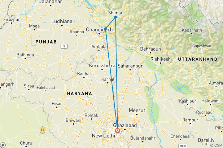 Kaart van “Whistles to the Hills – Van Delhi naar Shimla met het speelgoedtreintje | 3 dagen”