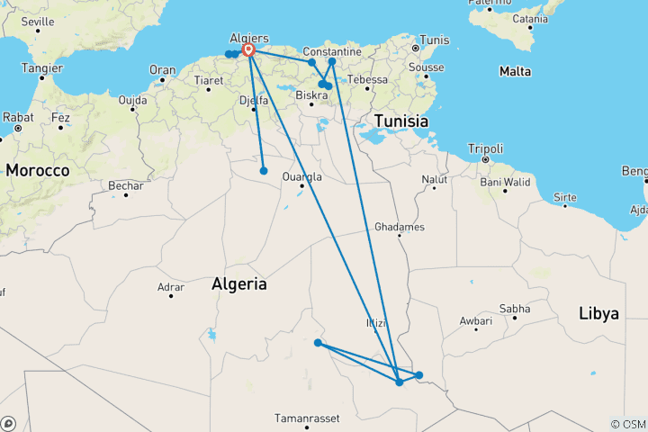 Map of Customized 13-Day Algeria Private Tour with Sahara, Daily Starts