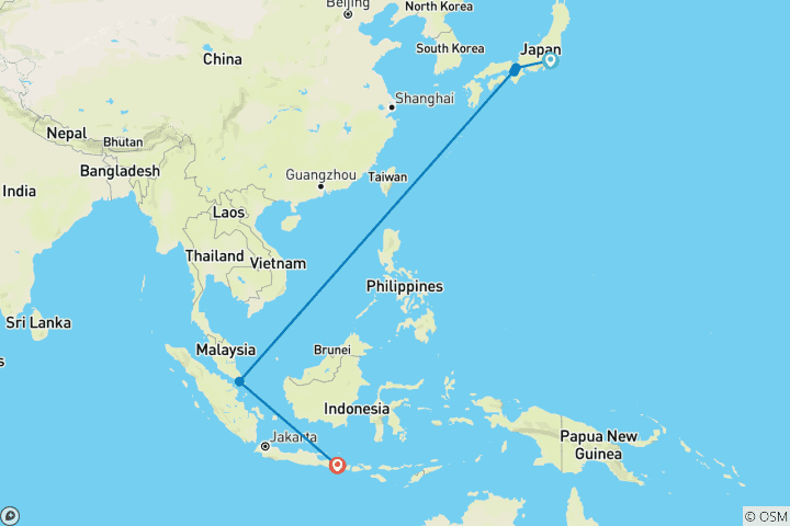 Carte du circuit Japon, Singapour et Bali : une aventure asiatique 5 étoiles avec train à grande vitesse, petits-déjeuners, transferts et séjours sur des îles