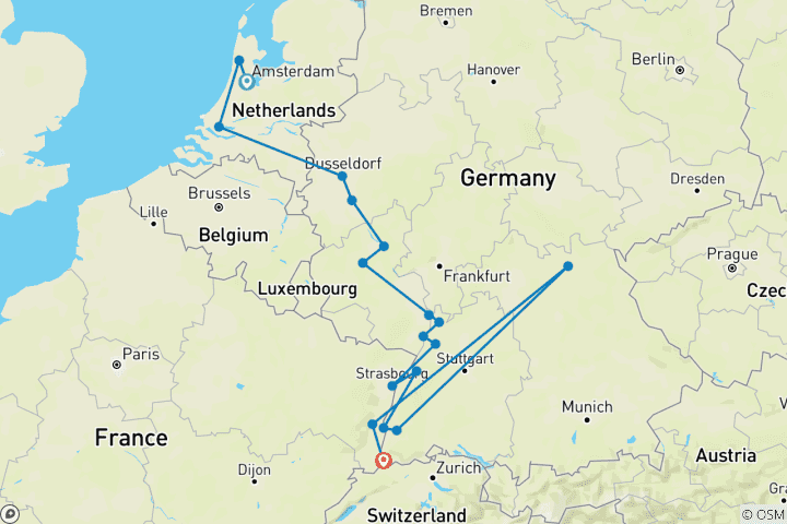 Carte du circuit Les joyaux du Rhin 2028 - 8 jours (d'Amsterdam à Huningue)
