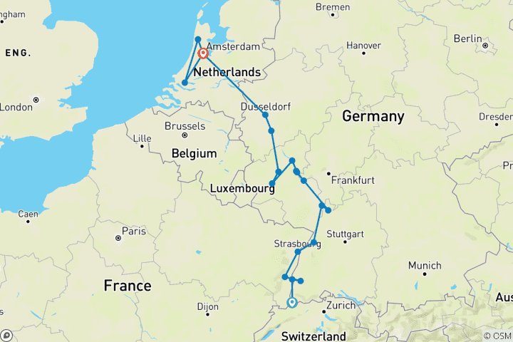 Karte von Frühsaison auf dem Rhein 2028 – 8 Tage (von Basel nach Amsterdam)
