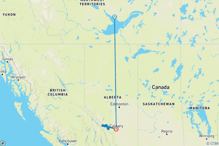 Carte du circuit Circuit hivernal de 7 jours à Yellowknife : aurores boréales et Rocheuses canadiennes – De Yellowknife à Calgary