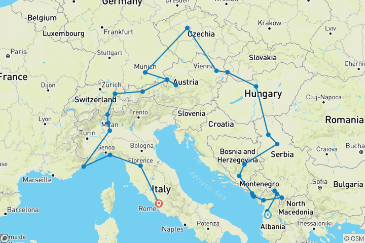 Kaart van Mediterrane wonderen & Europese hoogtepunten in 28 dagen; semi-privéreis met een eigen reisleider en auto