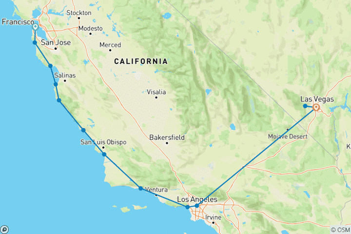 Carte du circuit Les plages de Californie et Las Vegas
