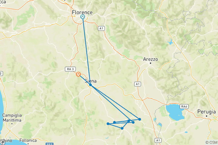 Carte du circuit Le cœur de la Toscane (Florence, Sienne et Montalcino) : villes médiévales, vins et paysages