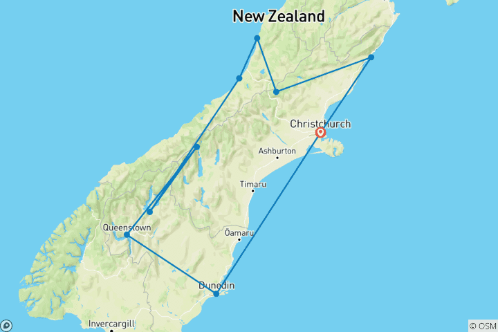 Carte du circuit Nouvelle-Zélande - Île du Sud : l'aventure de voyage la plus intense de votre vie