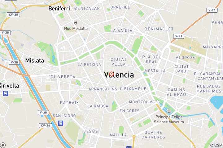 Carte du circuit Valence, ville culturelle et verte où l'on peut se baigner dans la mer
