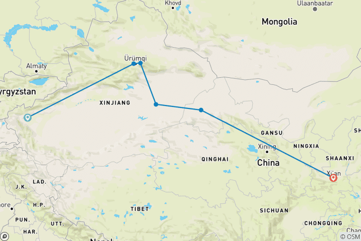 Mapa de El viaje de tu vida por la Ruta de la Seda | 11 días: Xinjiang · Dunhuang · Xi’an