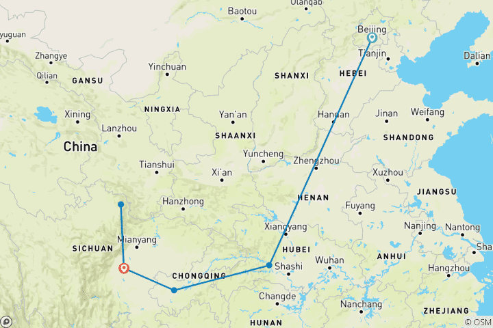 Mapa de Gran viaje por las Tres Gargantas del Yangtsé | Century Voyage de 5 estrellas - Camarote de la cubierta 5 | Pekín - Chongqing - Chengdu - Jiuzhaigou