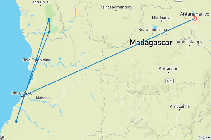 Carte du circuit Madagascar, une aventure épique de 8 jours : expédition à la découverte de la faune sauvage des Tsingy de Bemaraha et de Kirindy