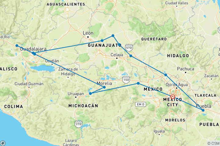 Kaart van 9 dagen door het prachtige Mexico: Mexico-Stad, Guadalajara, Guanajuato en Querétaro
