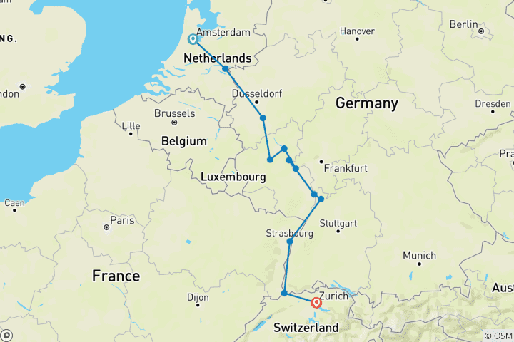 Mapa de Crucero clásico por el Rin y otros ríos de Europa con estancia en Ámsterdam