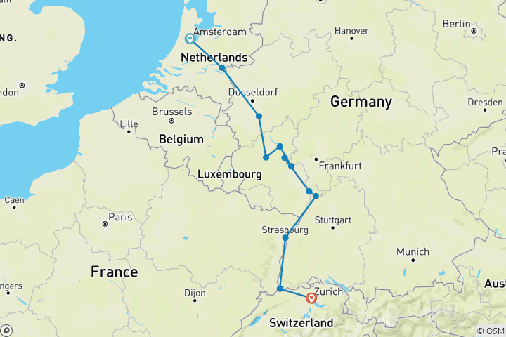 Carte du circuit Croisière fluviale classique sur le Rhin en Europe avec séjour à Amsterdam