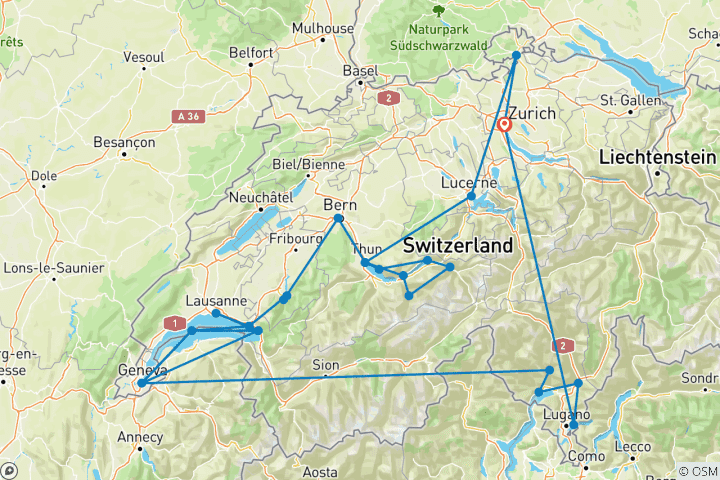 Carte du circuit Le meilleur de la Suisse : aventure en petit groupe 2027