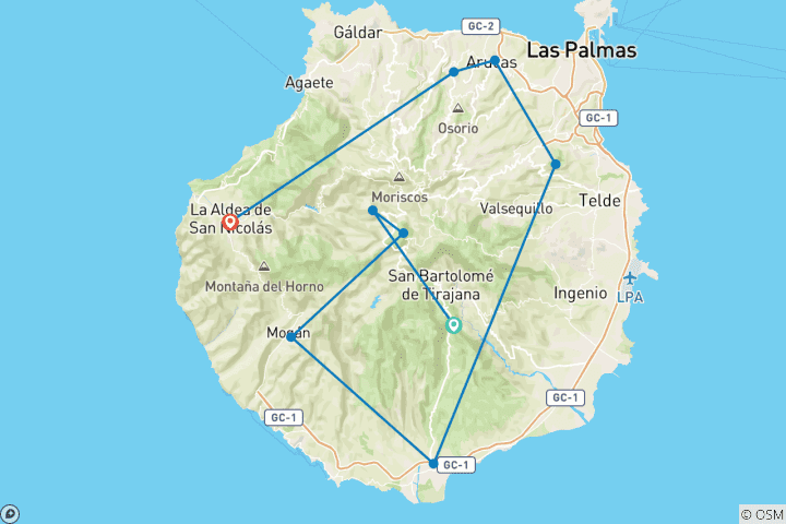 Carte du circuit Grande Canarie : des dunes de sable aux sommets des montagnes