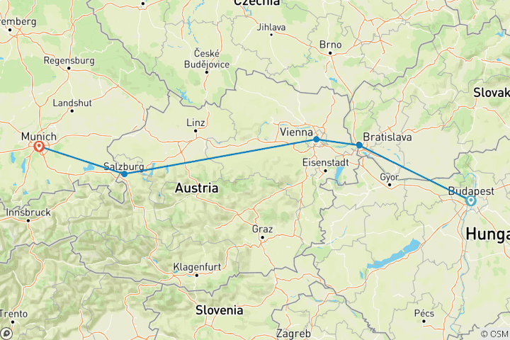 Mapa de Circuito de 9 días por los mercadillos navideños de Europa Central, organizado por Wendi Russell