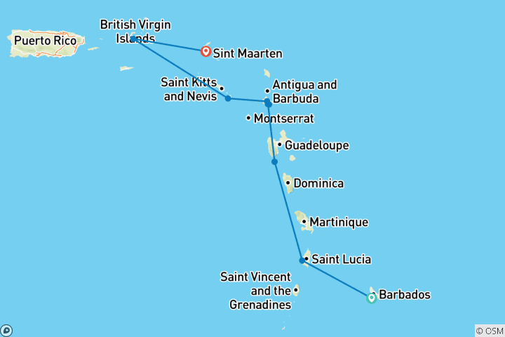 Karte von Ostkaribik mit St. Barths – – 8 Tage (von Bridgetown nach Marigot, 9 Reiseziele)