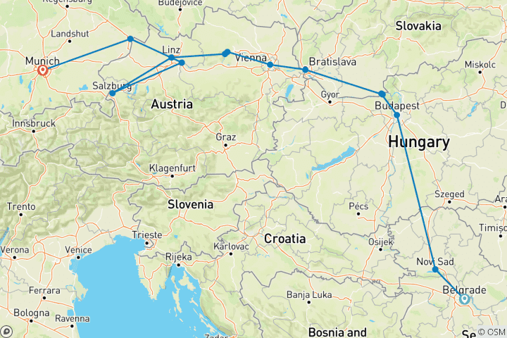 Kaart van Donausteden & Kruispunten 2028 – 11 dagen (van Belgrado naar München)
