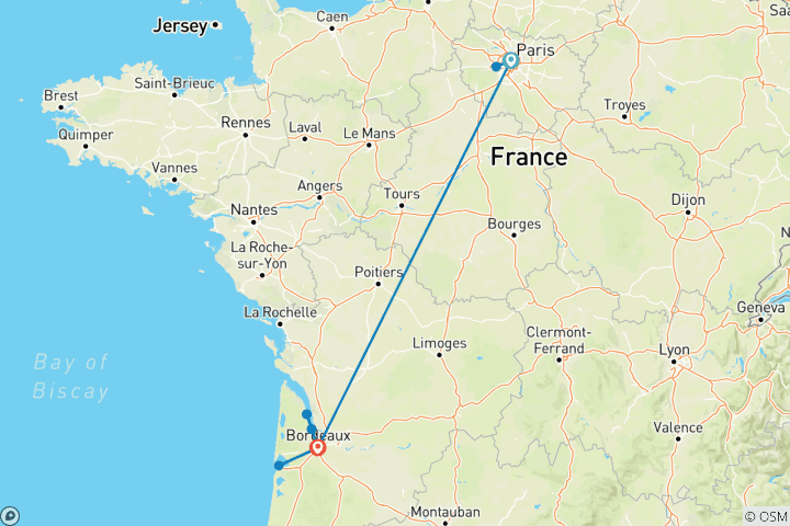 Mapa de Elegancia francesa: París y Burdeos en tren