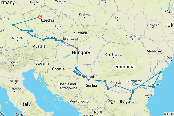 Kaart van Ontdekkingstocht door Oost-Europa (2028, van Boekarest naar Praag)