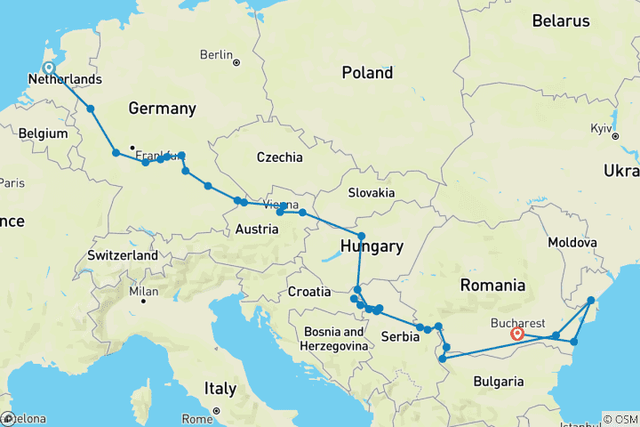 Kaart van Van Amsterdam naar de Zwarte Zee (2028, van Amsterdam naar Boekarest)