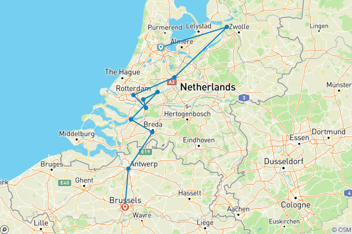Carte du circuit Trésors néerlandais et flamands (2028, d'Amsterdam à Anvers)