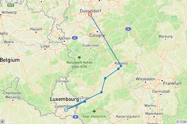 Map of Moselle Holiday Markets (2028, Trier to Düsseldorf)