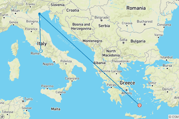 Map of 10 Days Rome, Venice & Santorini: Culture, Romance & Island Bliss W/Breakfast & Transfers Incl