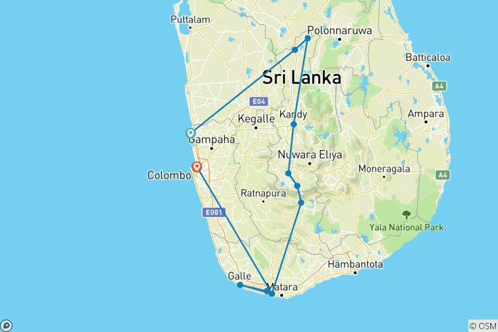 Mapa de Sri Lanka: Senderismo, bicicleta y kayak (12 destinos)