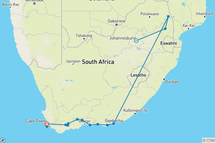 Carte du circuit Afrique du Sud : le parc Kruger, la Garden Route et Le Cap