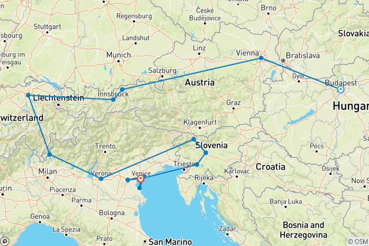 Mapa de Crucero y tren: Los Grandes Alpes y las joyas del Véneto (2027, de Budapest a Venecia)