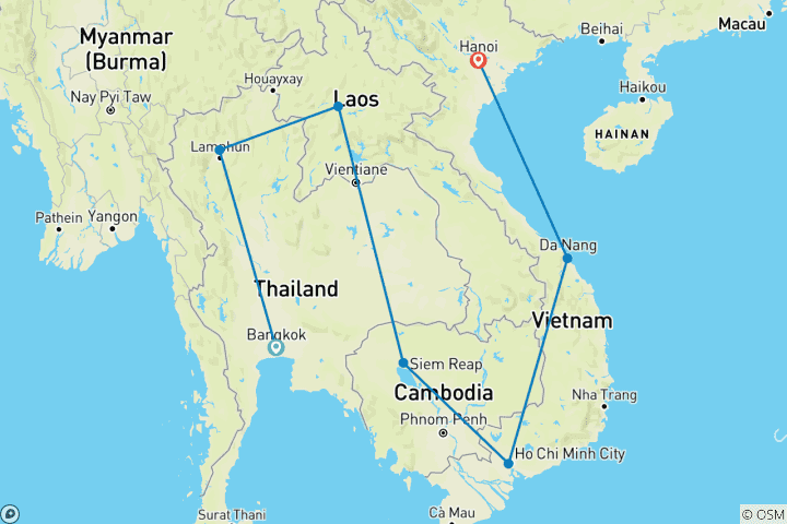 Mapa de Viaje privado de 23 días por los lugares imprescindibles del sudeste asiático (itinerario totalmente personalizable y comodidad de 4 estrellas)