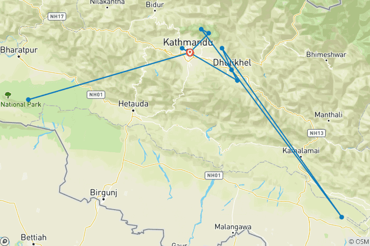 Carte du circuit Népal : Katmandou, Chitwan et randonnées