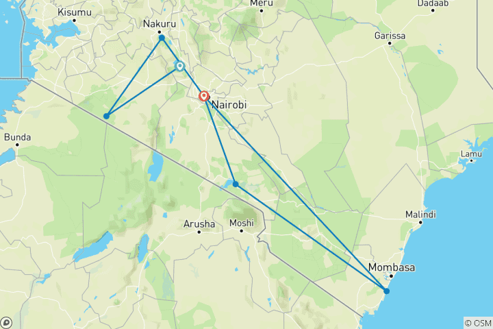 Karte von 10 Tage erschwingliche Luxus-Safari in Kenia & Diani Beach Masai-Mara-Wildtier-Tour mit dem 4x4-Jeep