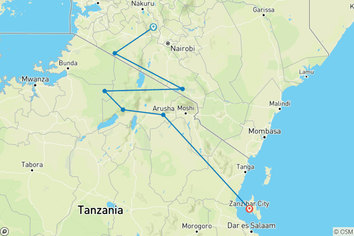 Karte von 10 Tage Afrika-Safari in die Serengeti und die Masai Mara mit Strandurlaub auf Sansibar