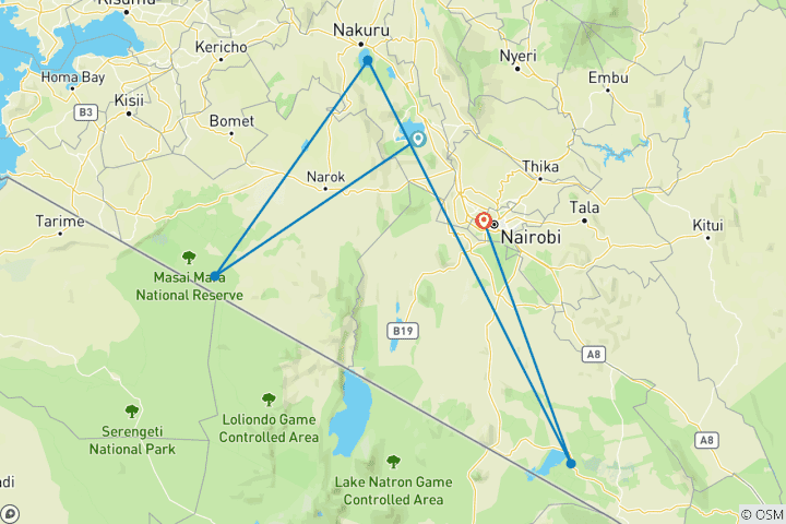 Karte von 6 Tage Kenia-Reisen für den kleinen Geldbeutel Masai Mara & Amboseli im luxuriösen Geländewagen