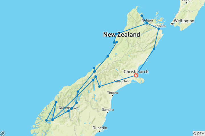 Carte du circuit Aventure pédestre en Nouvelle- Zélande